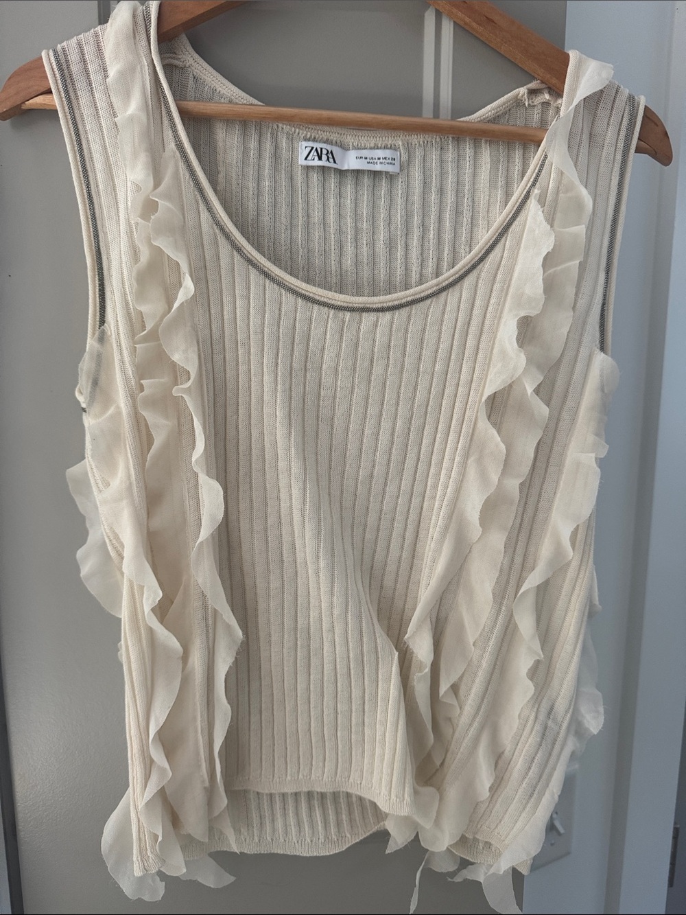 Zara Cream Ruffle Ribbed Tank Top